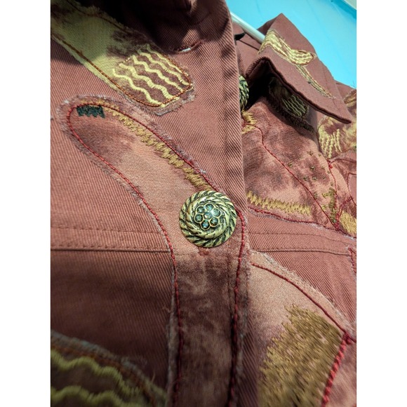 Artsy Boho Indigo Moon Embroidered Shirt Jacket Patchwork Floral Rust Red M - Picture 2 of 6